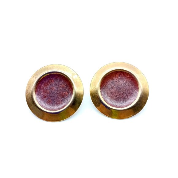 Chic Enamel Stud Earrings, Vintage Burgundy Circles on Gold Tone - Picture 2 of 4